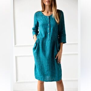Oda Lux 100% Linen Dress‎ Womens 38 (US 6 or M) Teal Lagenlook Boho Pockets